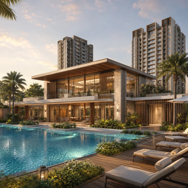 Godrej MSR City — Phase 3 clubhouse precinct opening onto the pool deck with the towers behind