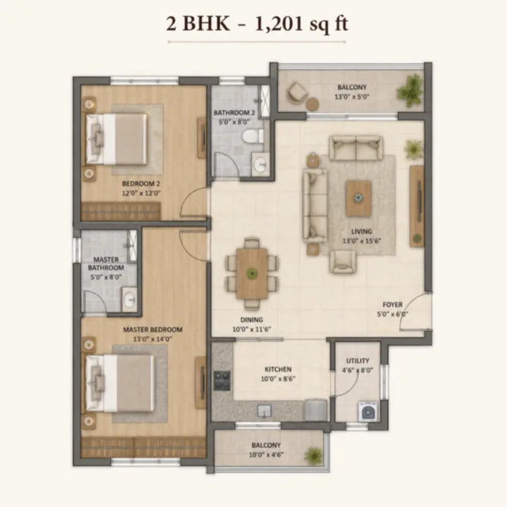 Godrej MSR City — Phase 3 2 BHK 1,201 sq ft floor plan layout