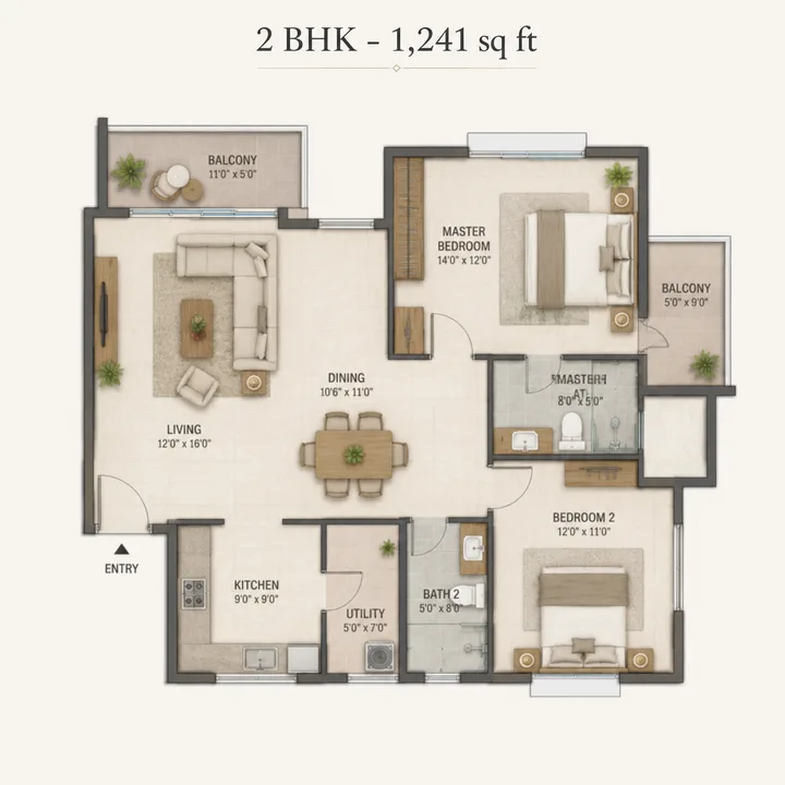 Godrej MSR City — Phase 3 2 BHK 1,241 sq ft floor plan layout