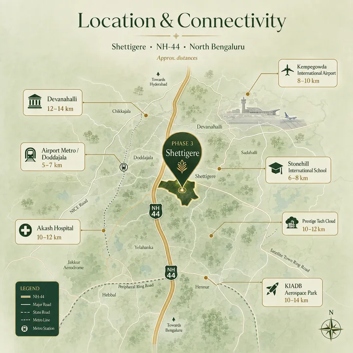 Godrej MSR City — Phase 3 location map showing Shettigere, NH-44 / Bellary Road, Kempegowda International Airport, the Airport metro line and nearby landmarks