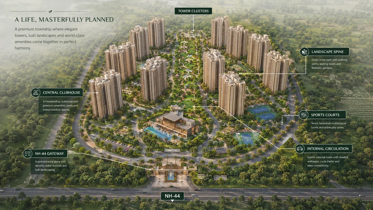 Godrej MSR City — Phase 3 master plan site layout showing the tower clusters, the central clubhouse precinct, the landscaped spine, the sports courts and the NH-44 gateway